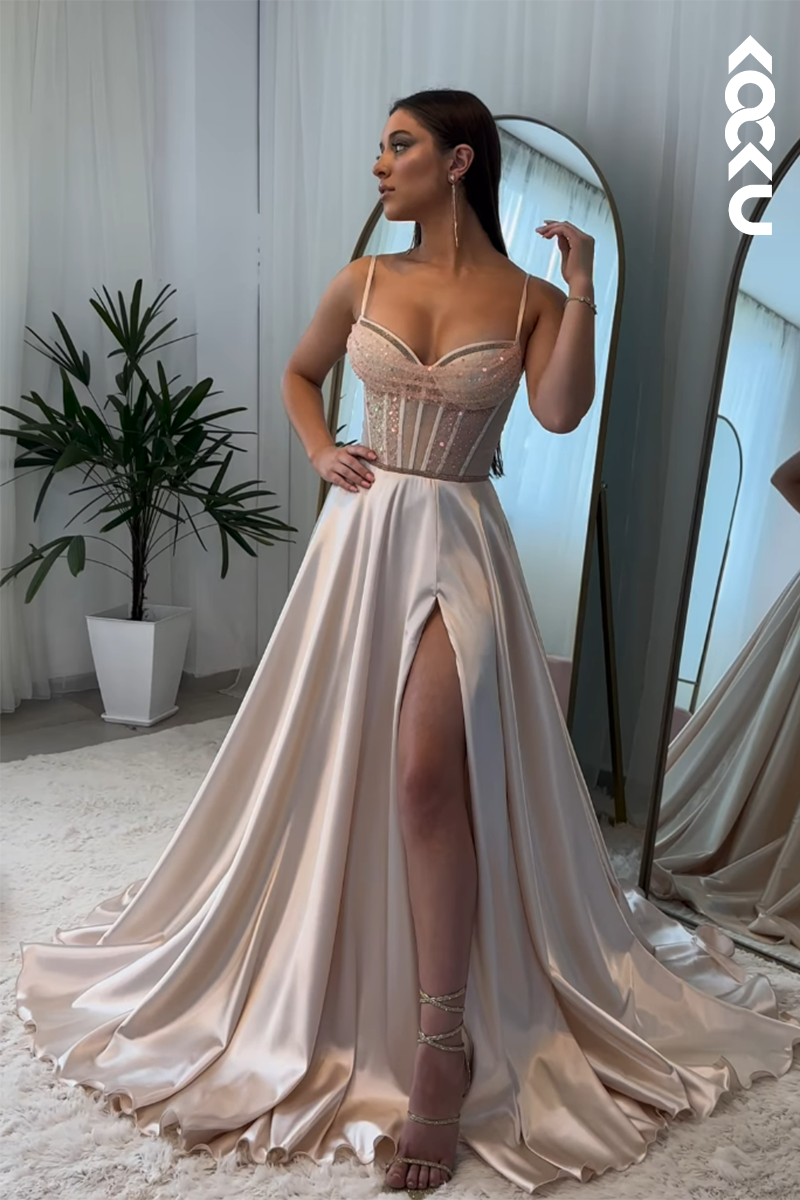 L2862 - Gorgeous & Charming A-Line Spaghetti Straps Slit Formal Prom Dress