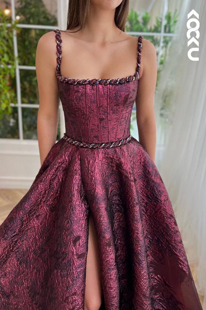 L2429 - Chic & Morden Spaghetti Straps Square Long A-line Formal Prom Dress With Side Slit