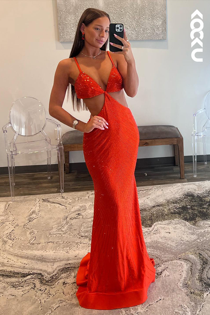 L2426 - Sexy & Sparkil Spaghetti Straps V-Neck Trumpet Evening Party Prom Dress