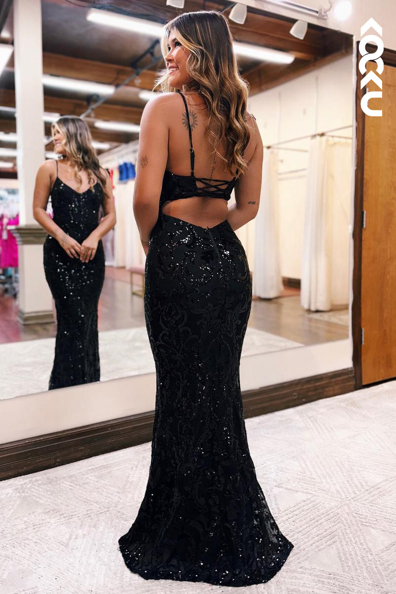 L2618 - Sexy & Sparkly Spaghetti Straps V-Neck Sheath Backless Sequins Evening Party Prom Dress