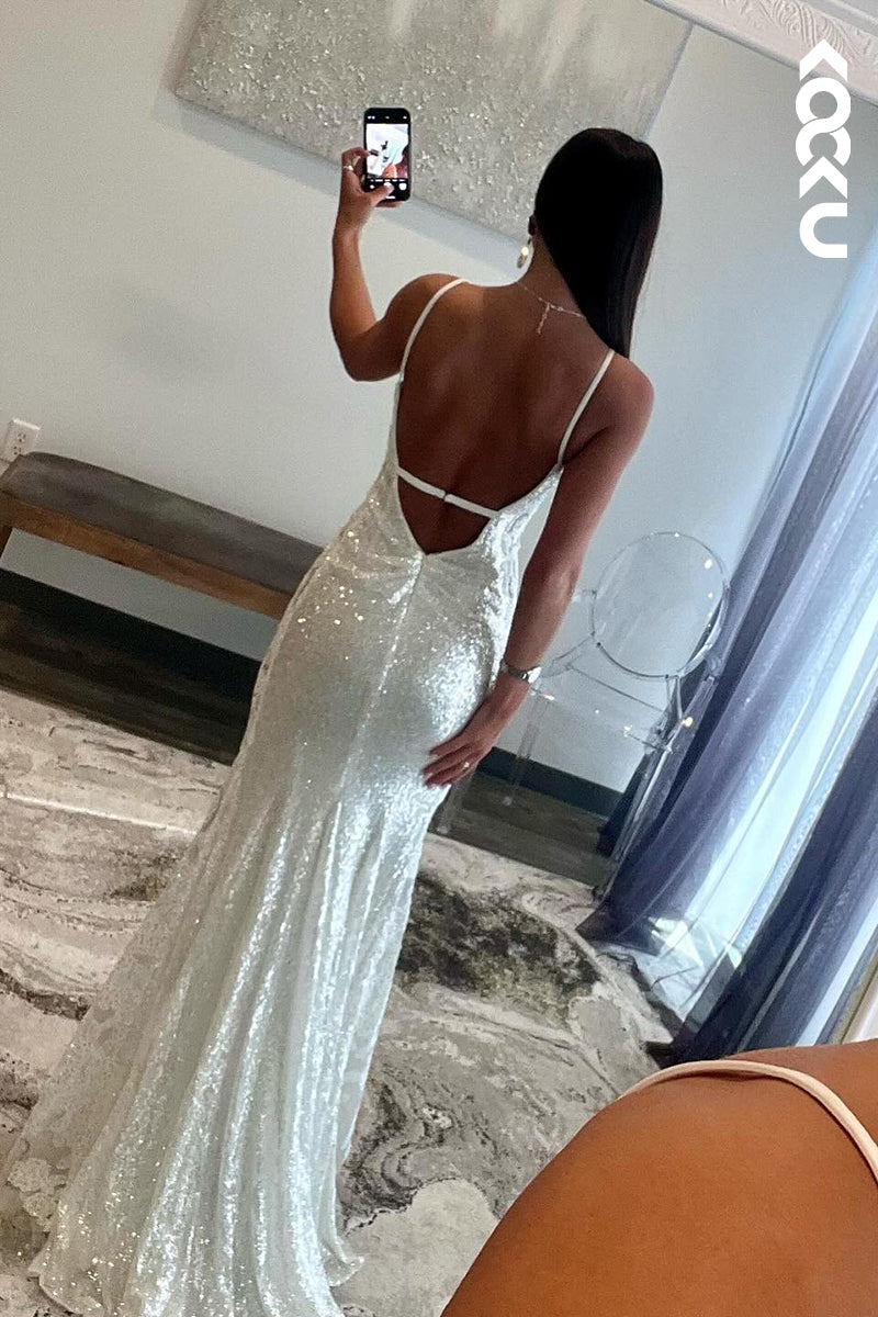 L2570 - Simple & Elegant Spaghetti Straps Sheath V-Neck Backless Formal Prom Dress