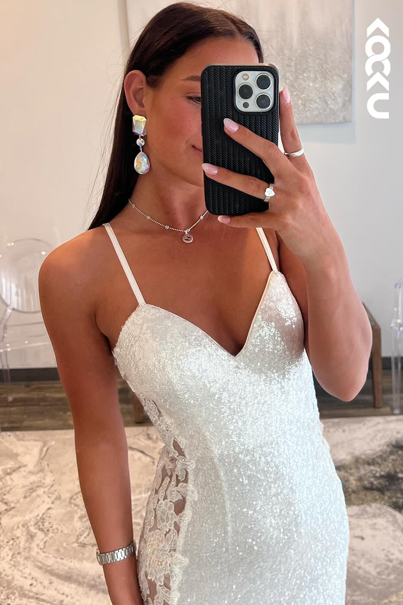 L2570 - Simple & Elegant Spaghetti Straps Sheath V-Neck Backless Formal Prom Dress