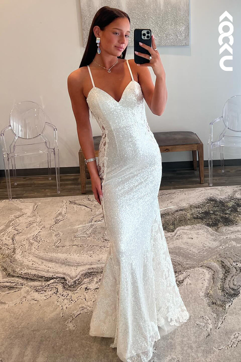 L2570 - Simple & Elegant Spaghetti Straps Sheath V-Neck Backless Formal Prom Dress