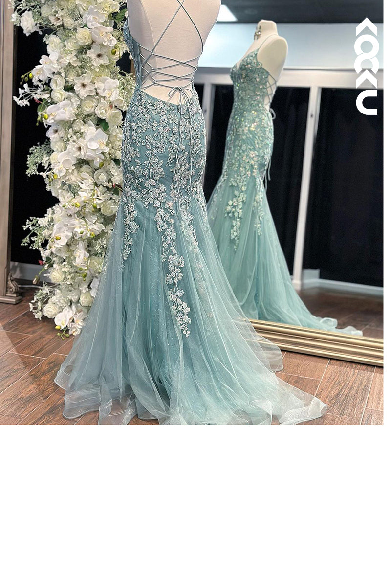 L2649 - Gorgeous & Charming Spaghetti Straps Mermaid Allover Applique Backless Prom Dress