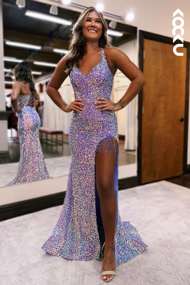 L2463 - Chic & Sparkly V-Neck Straps Sheath Sequins Side Slit Evening Party Prom Dress