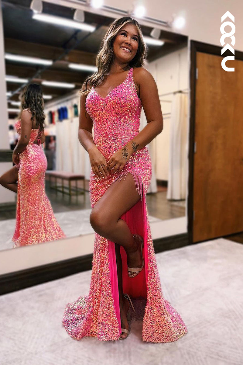 L2463 - Chic & Sparkly V-Neck Straps Sheath Sequins Side Slit Evening Party Prom Dress