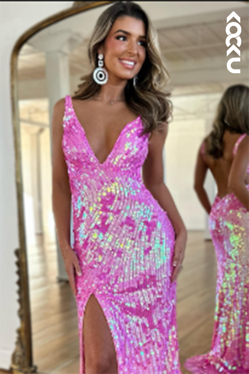 L2564 - Chic & Modern V-neck Sparkly Sleevelss Sheath Side Slit Evening Party Prom Dress