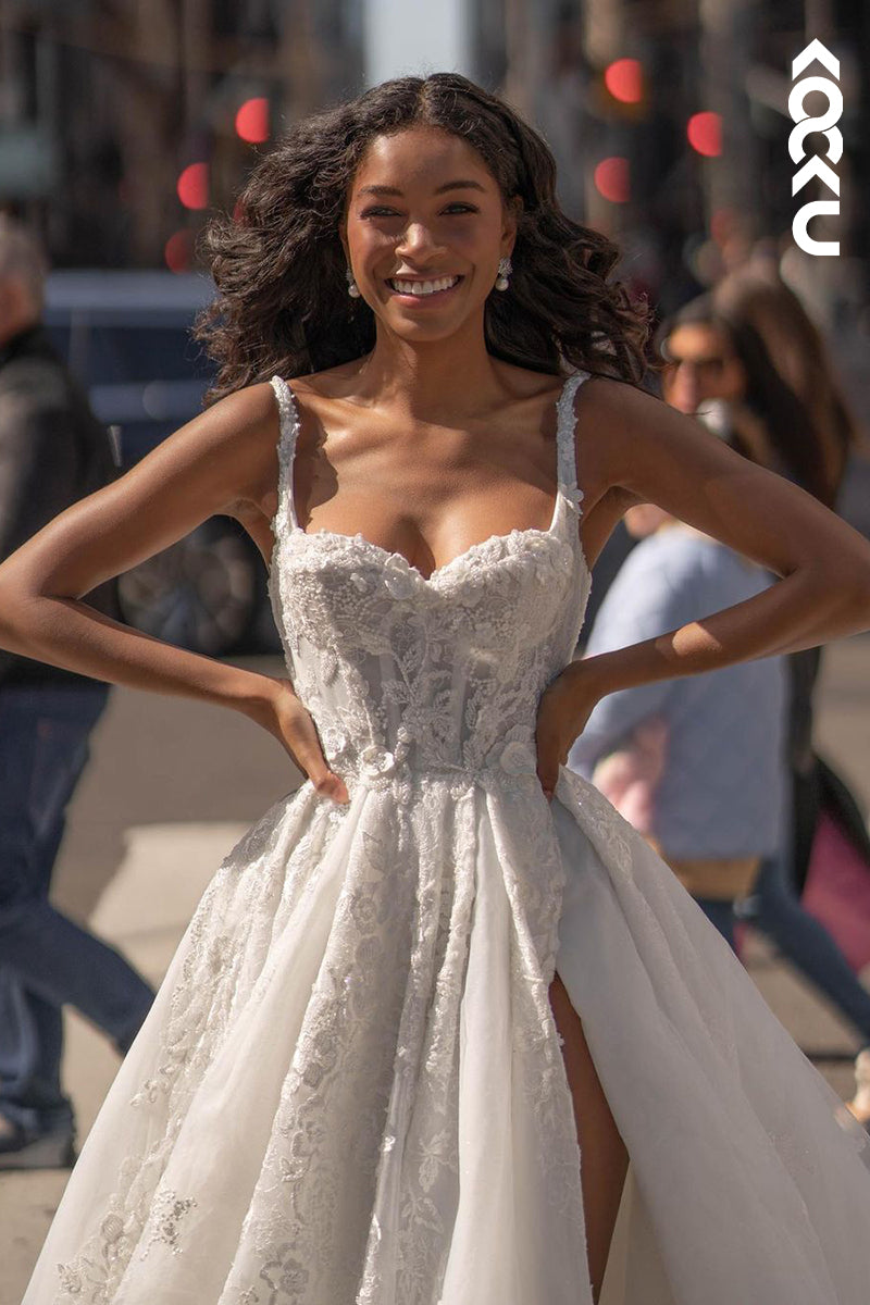 K1863 - Charming Long A-line Straps Square Side Slit Wedding Dress With Appliques