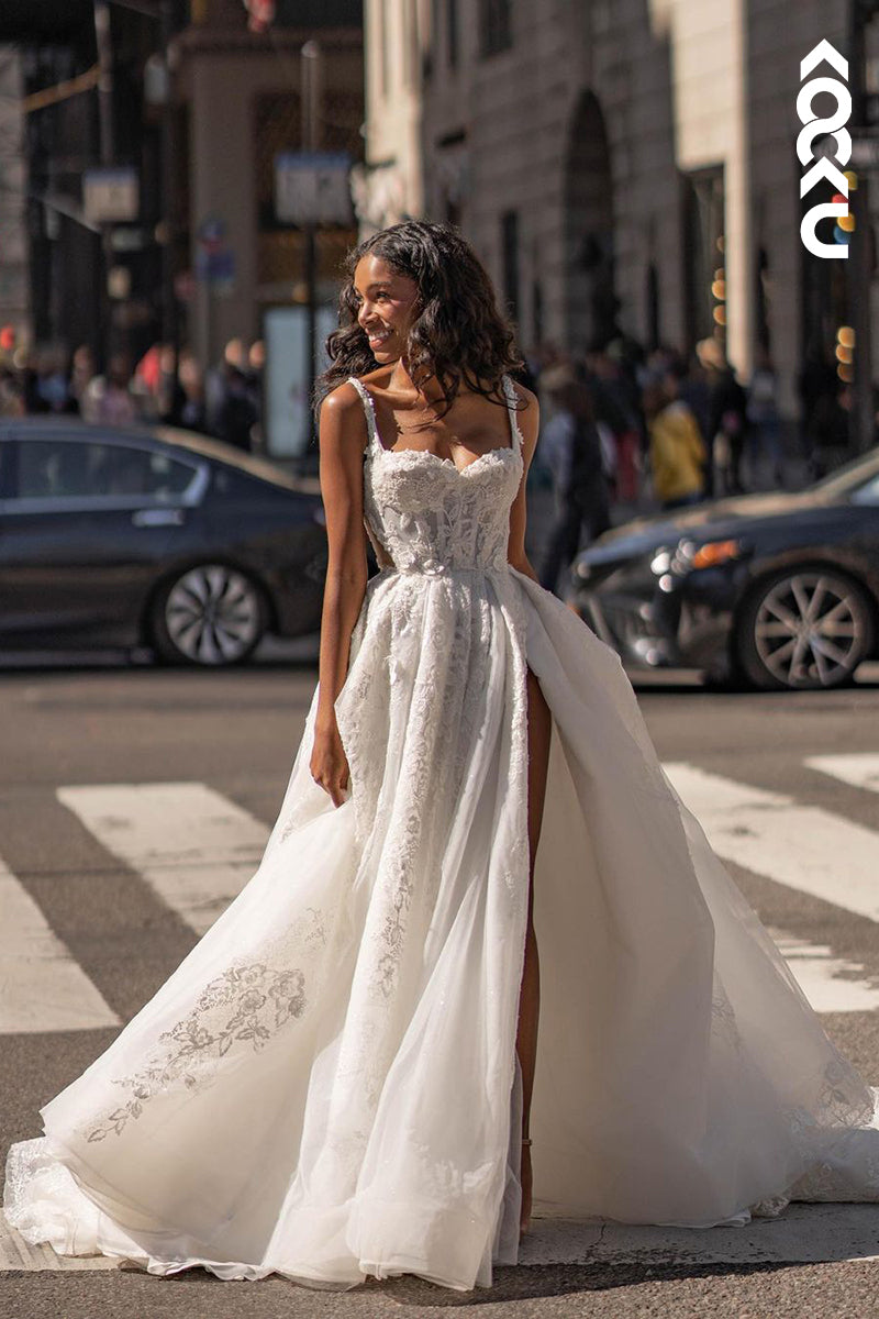 K1863 - Charming Long A-line Straps Square Side Slit Wedding Dress With Appliques