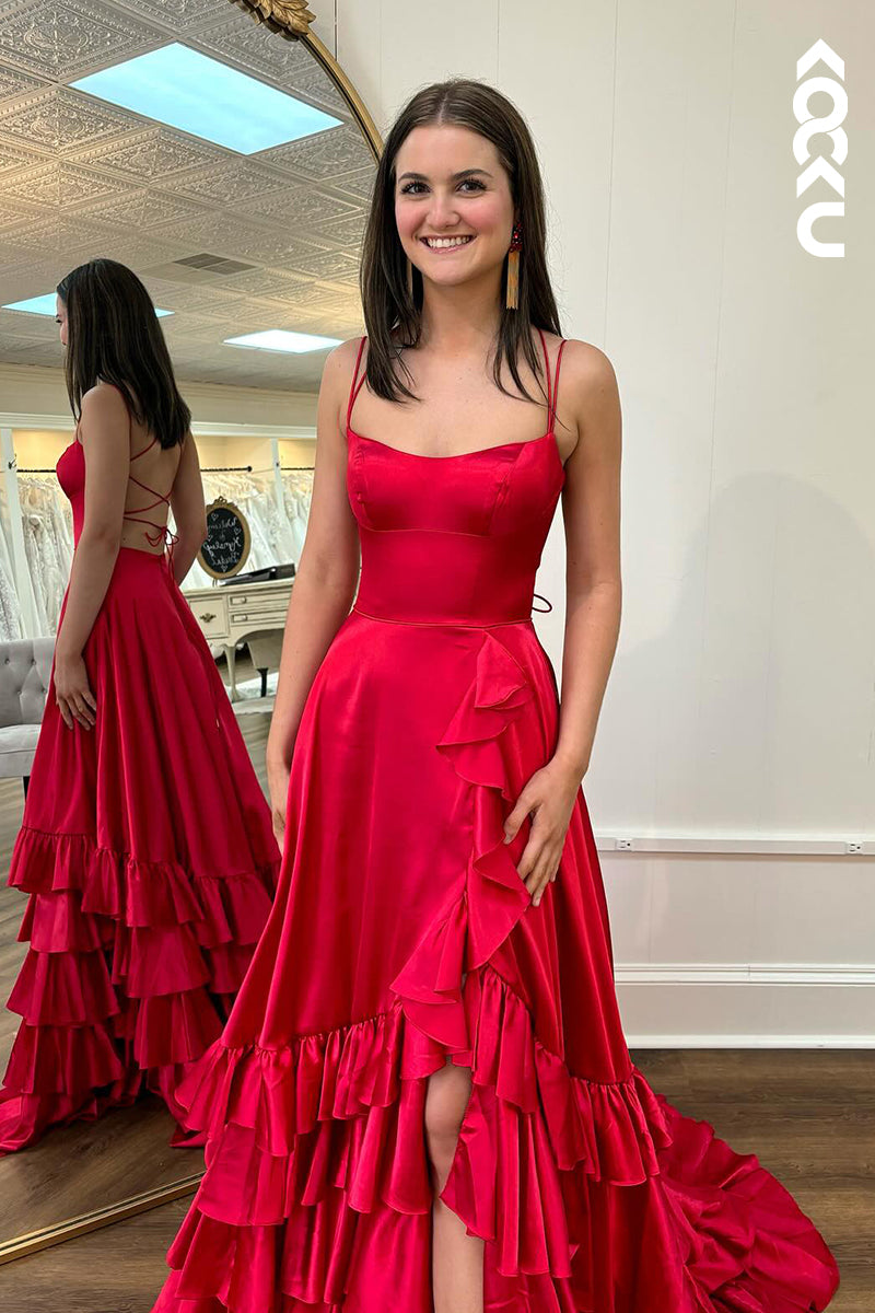 L2972 - Chic & Modern Spaghetti Criss-Cross Straps A-Line Slit Square Party Prom Dress