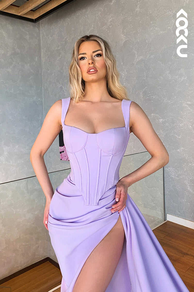 L2443 - Simple & Casual Square Straps Sheath Side Slit Formal Party Prom Dress