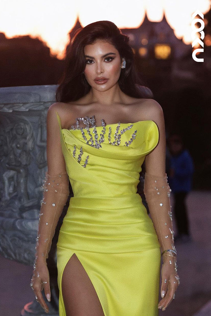L2367 - Morden Off-Shoudler SLeeveless Slit Formal Prom Dress With Rhinestones