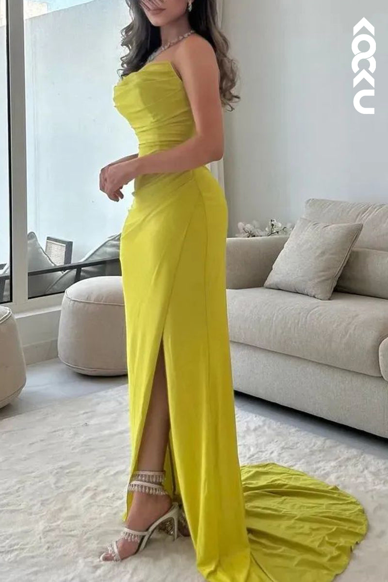 L2345 - Chic & Elegant Off-Shoulder Sleeveless Ruched Slit Prom Dress