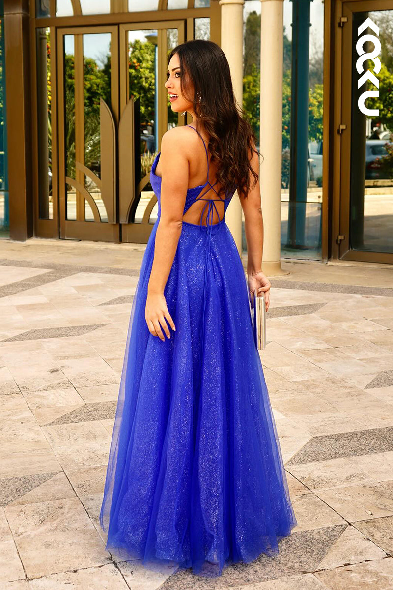L2948 - A-Line Elegant & Luxurious V-Neck Criss-Cross Straps Backless Formal Prom Dress