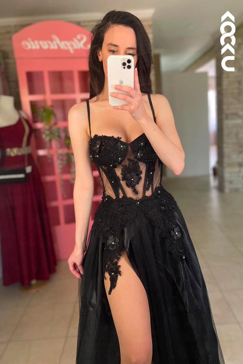 L3012 - Elegant & Luxurious Spaghetti Straps A-line Side Slit Applique Party Prom Dress