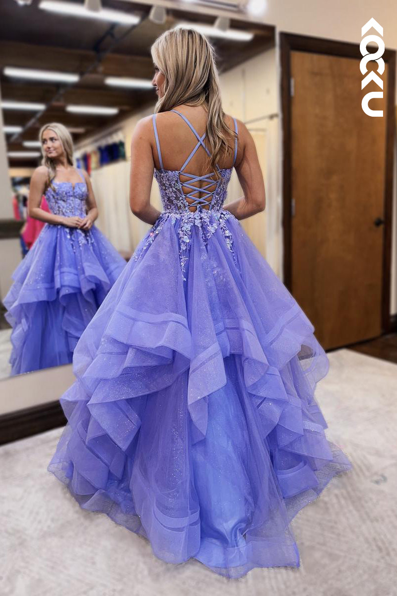 L2627 - Classic & Timeless Criss-Cross Straps Sleeveless A-line Tulle Party Prom Dress With Applique