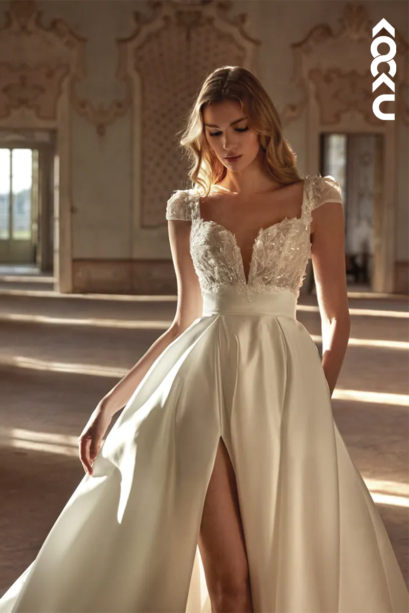 K1966 - Couture & Ornate V-neck Straps Side Slit A-line Wedding dress