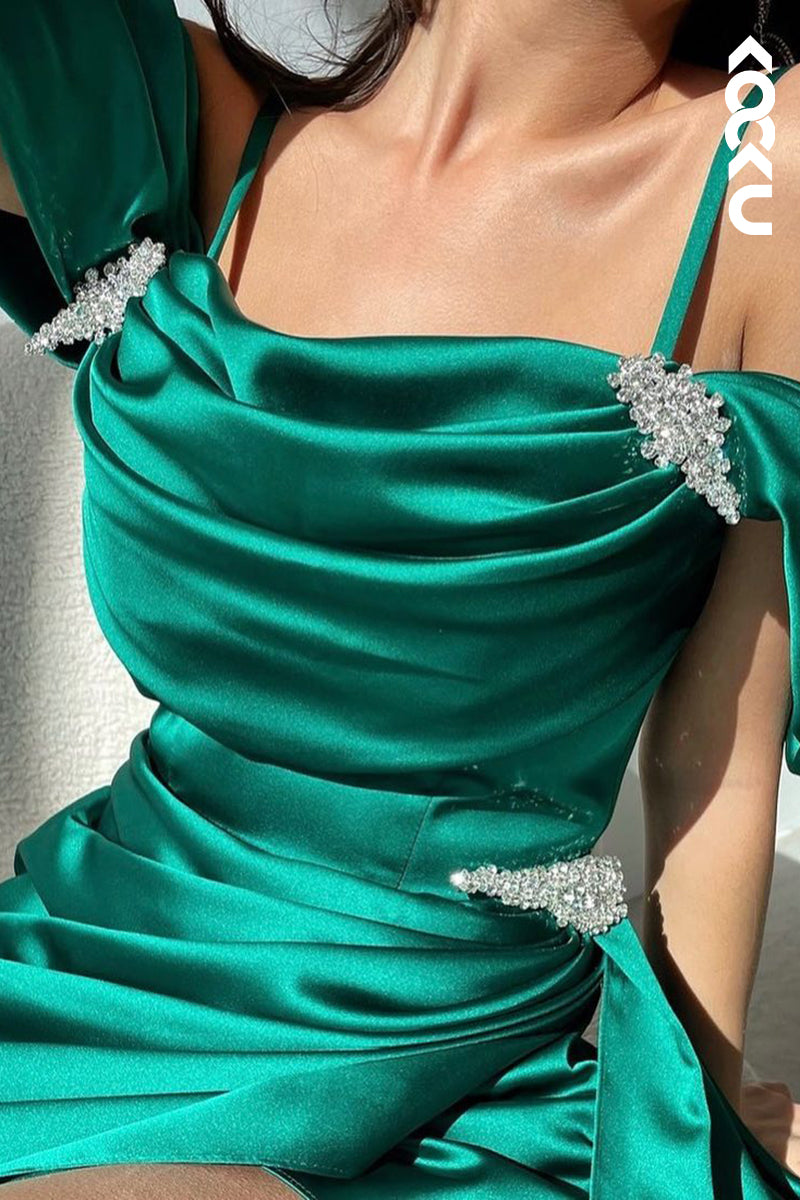 L2926 - Classic & Timeless Straps Cap Sleeves Side Slit Ruched A-line Party Prom Dress With Rhinestones