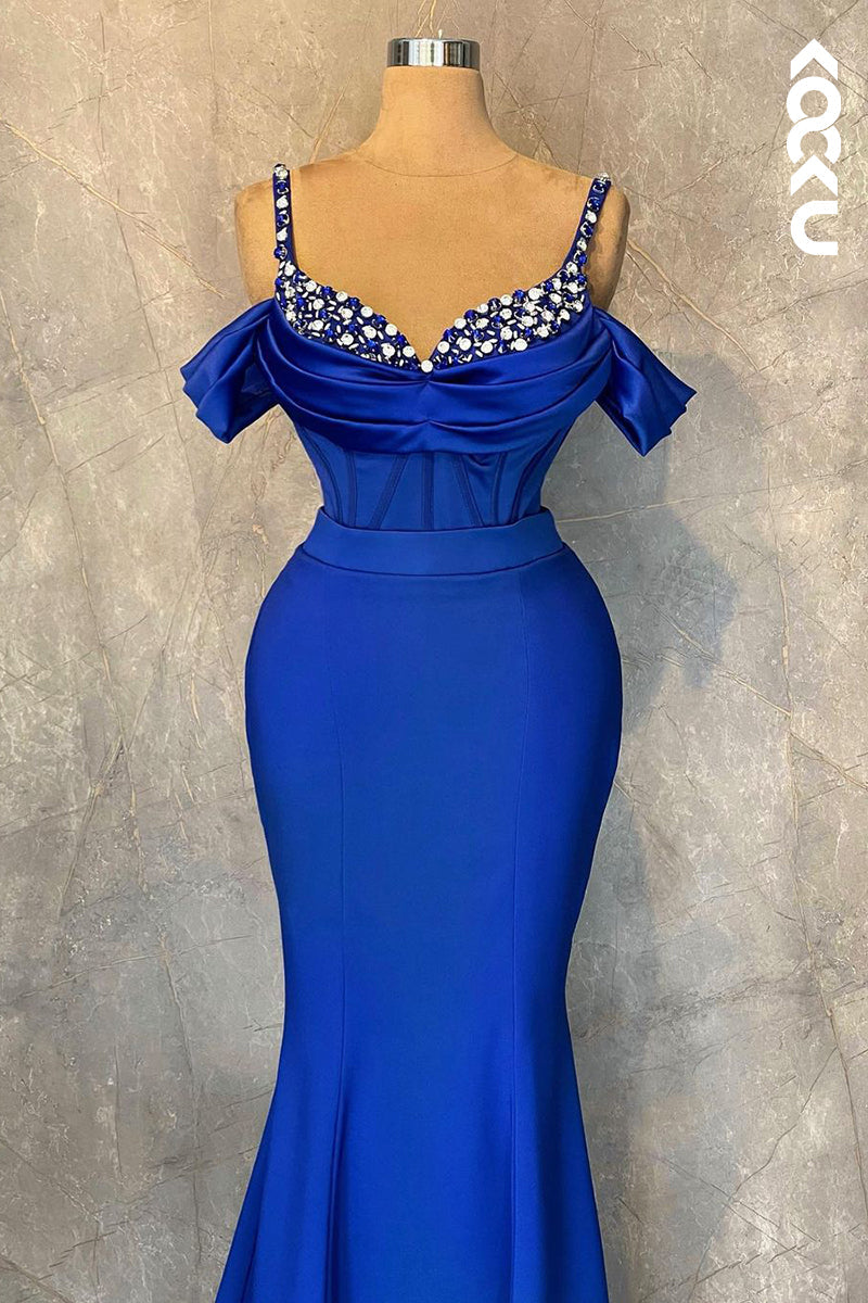 L2414 - Rhinestones Straps Cap Sleeves Mermaid V-neck Party Formal Prom Dress