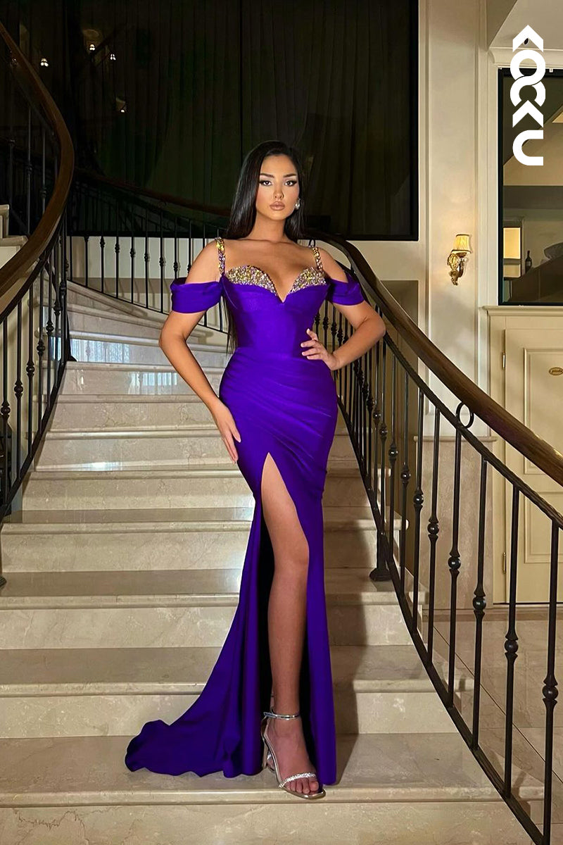 L2653 - Gorgeous & Charming Straps Cap Sleeves Side Slit Sheath Party Prom Dress With Rhinestones