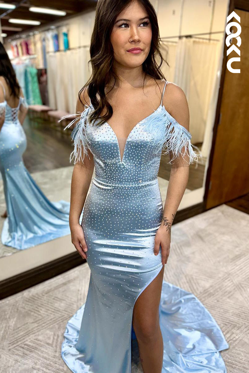 L2520 - Chic & Modern Spaghetti Straps Cap Sleeves V-Neck Side Slit Trumpet Formal Prom Dress