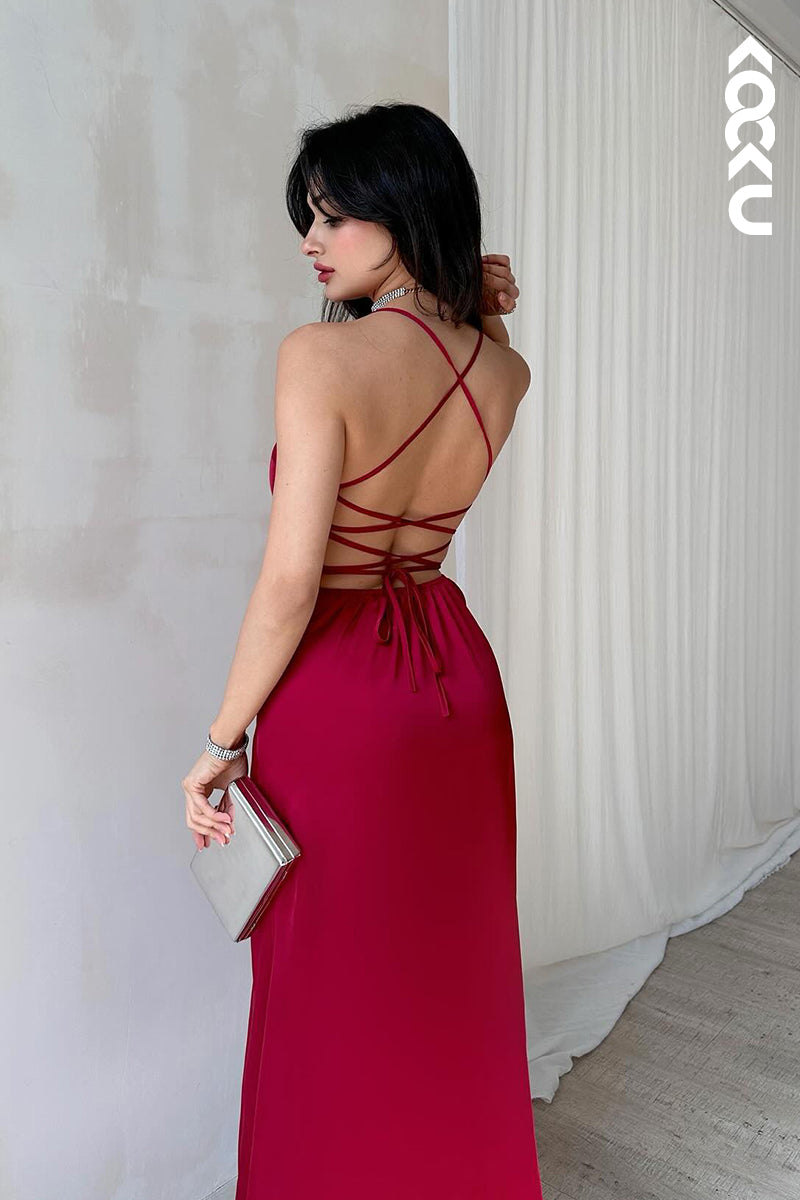 L2890 - Sexy & Hot Spaghetti Sleeveless Criss-Cross Straps Slit Holiday Party Prom Dress