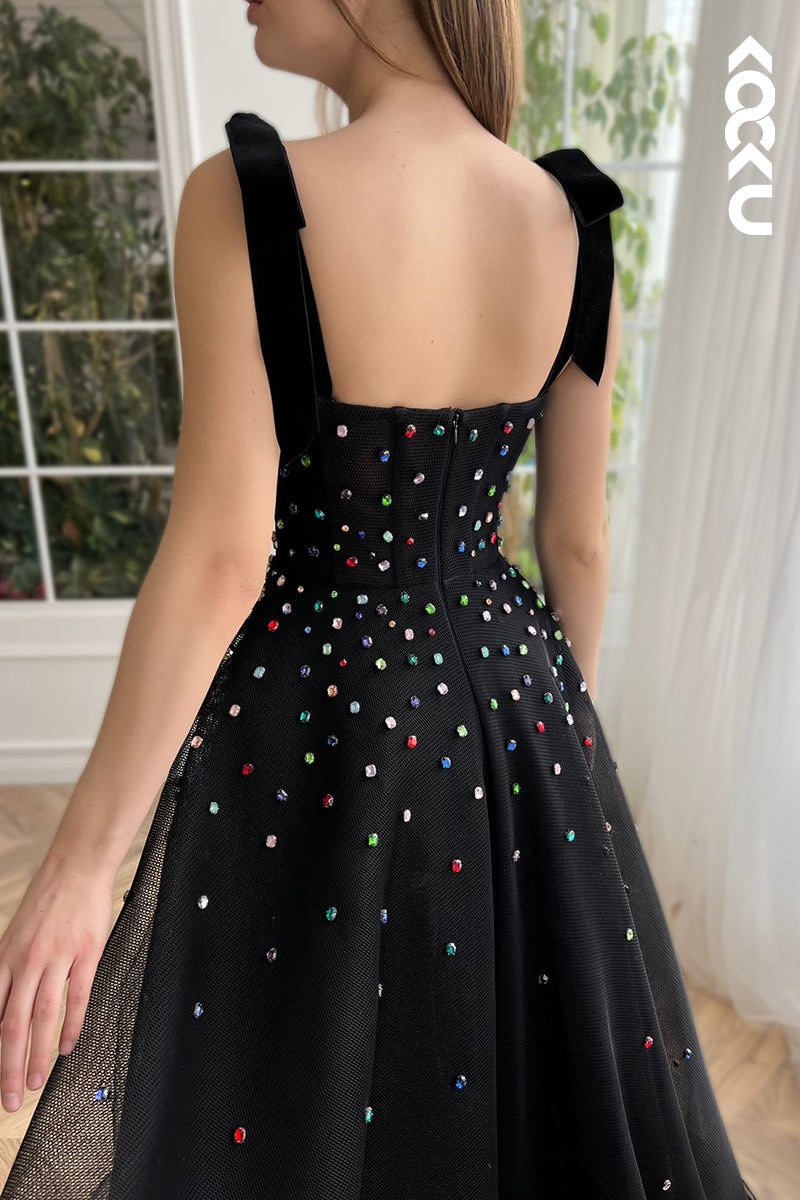 L2427 - Classic Black A-Line Sweetheart Straps Slit Tulle Formal Prom Dress With Jewel