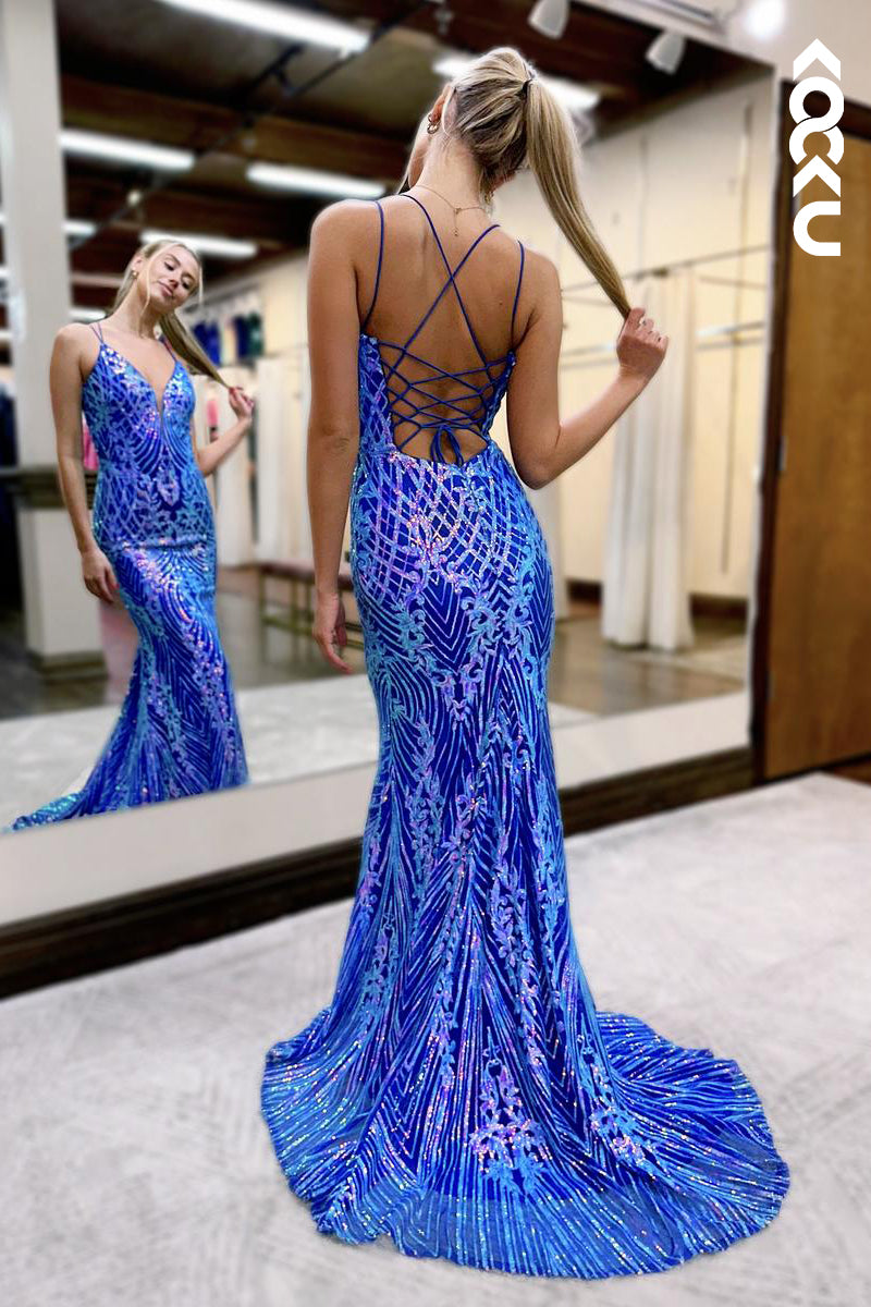 L2868 - Gorgeous & Charming V-Neck Spaghetti Straps Backless Mermaid Print Sequins Prom Dress
