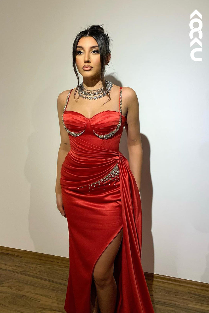 L2774 - Couture & Ornate Spaghetti Straps Side Slit Mermaid Ruched Prom Dress With Rhinestones
