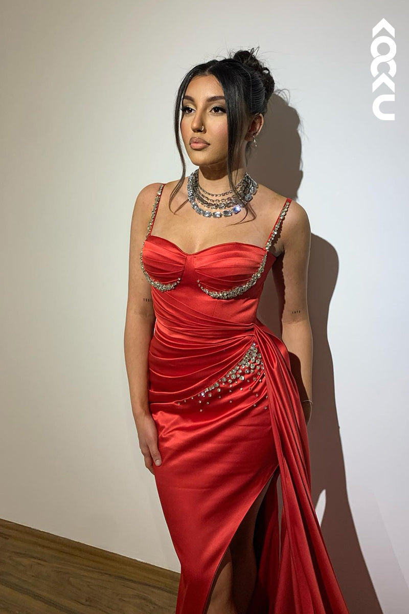 L2774 - Couture & Ornate Spaghetti Straps Side Slit Mermaid Ruched Prom Dress With Rhinestones