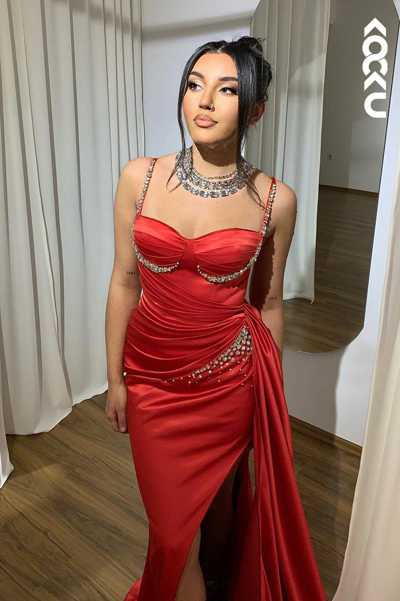 L2774 - Couture & Ornate Spaghetti Straps Side Slit Mermaid Ruched Prom Dress With Rhinestones