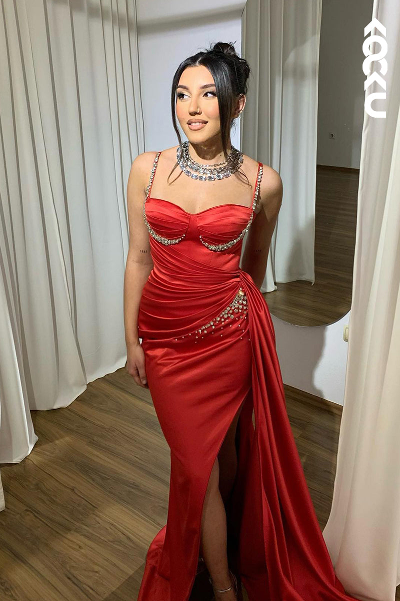 L2774 - Couture & Ornate Spaghetti Straps Side Slit Mermaid Ruched Prom Dress With Rhinestones