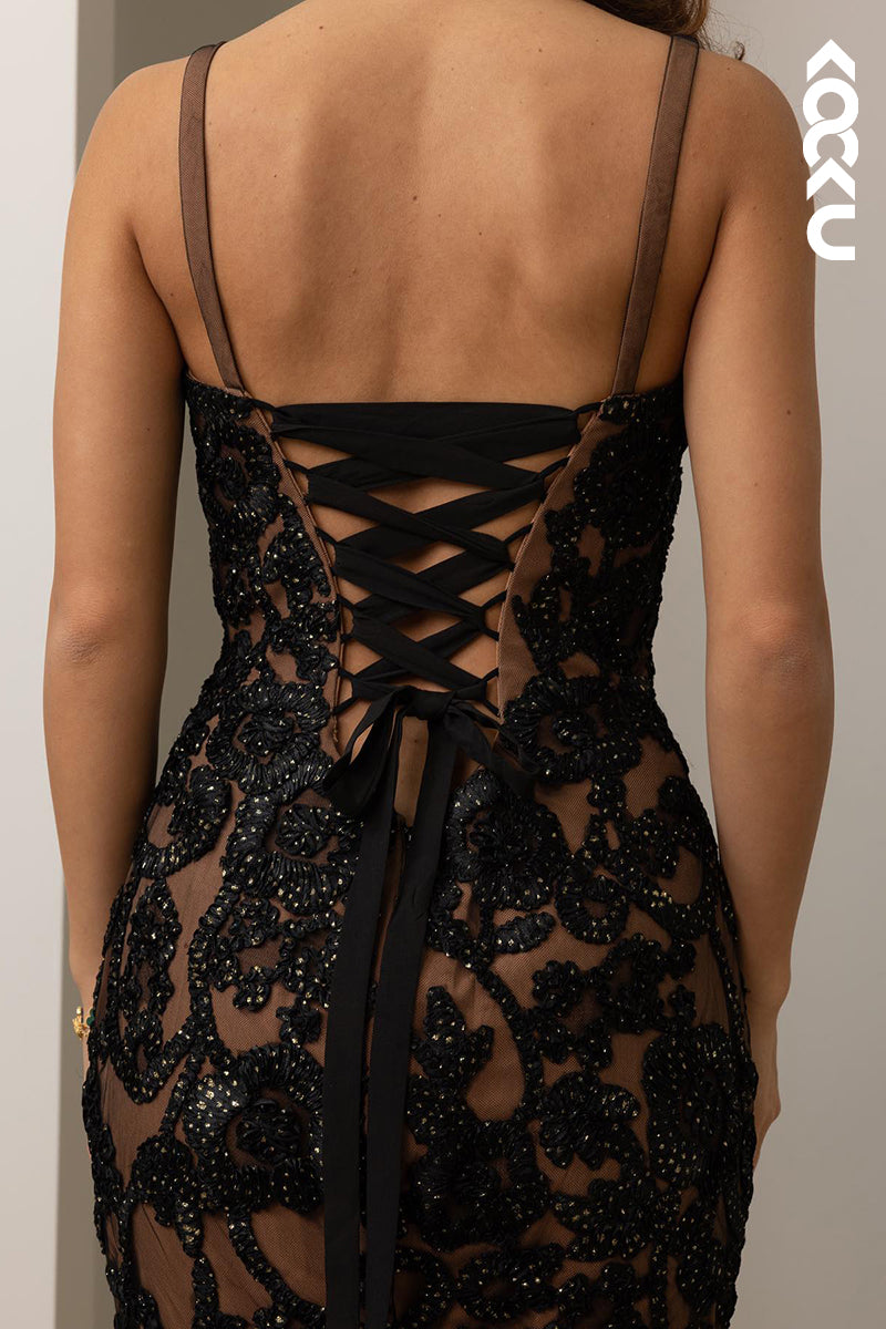 L3030 - Sexy & Hot Spaghetti Straps V-Neck Sleeveless Lace Applique Mermaid Evening Prom Dress