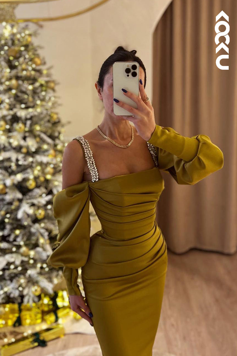 L2470 - Morden Straps Long Sleeves Off Shoulder Ruched Sheath Formal Prom Dress