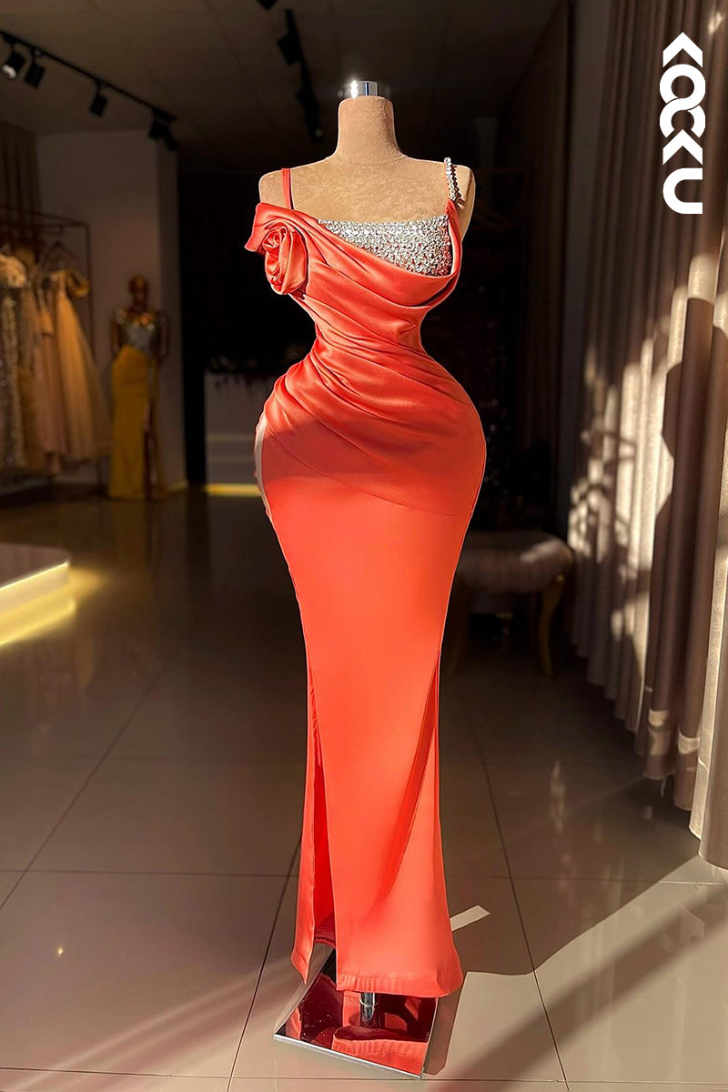 L2923 - Classic & Timeless Straps Cap Sleeves Side Slit Ruched Evening Party Prom Dress