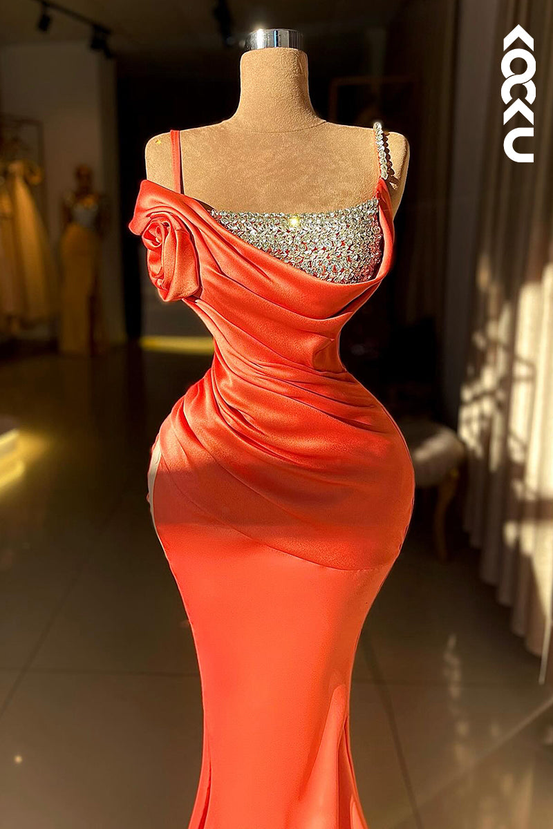 L2923 - Classic & Timeless Straps Cap Sleeves Side Slit Ruched Evening Party Prom Dress