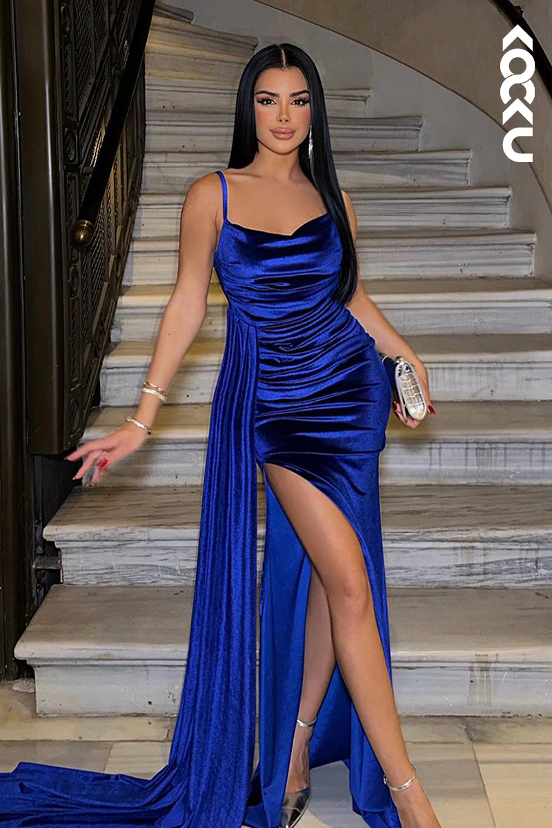 L2841 - Chic & Modern Spaghetti Straps Side Slit Square Ruched Evening Party Prom Dress