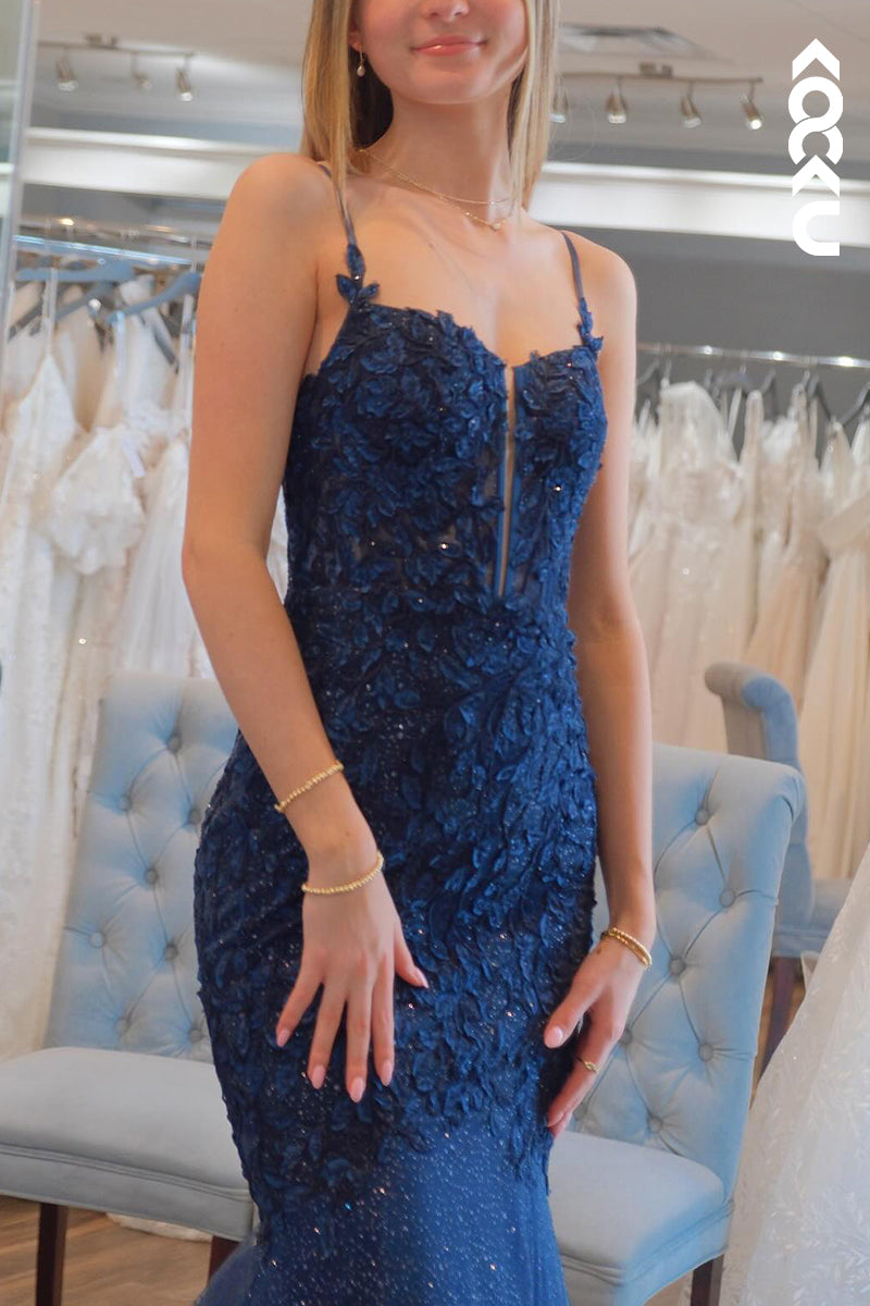 L3035 - Couture & Ornate Spaghetti Straps Mermaid Sparkly Lace up Evening Prom Dress