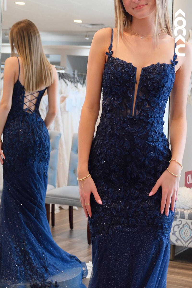 L3035 - Couture & Ornate Spaghetti Straps Mermaid Sparkly Lace up Evening Prom Dress