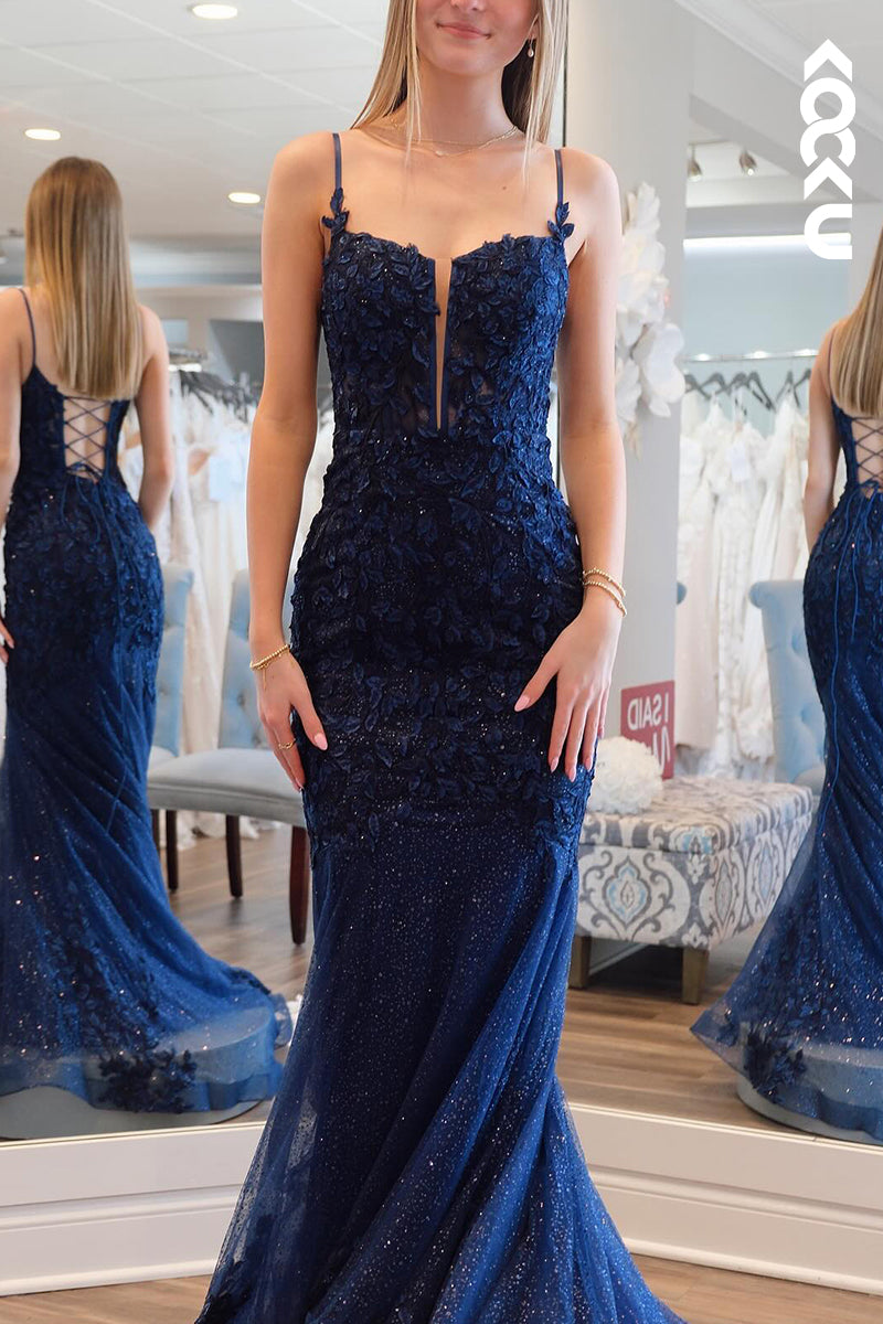 L3035 - Couture & Ornate Spaghetti Straps Mermaid Sparkly Lace up Evening Prom Dress