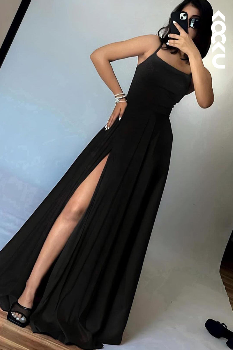 L2842 - Classic & Timeless A-Line Soaghetti Criss-Cross Straps Side Slit Formal Prom Dress