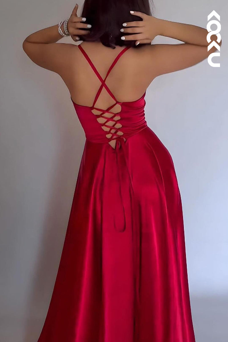 L2842 - Classic & Timeless A-Line Soaghetti Criss-Cross Straps Side Slit Formal Prom Dress