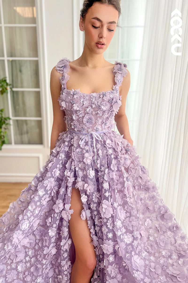 L2667 - Glamorous & Dramatic Straps Square A-line Formal Party Prom Dress With Flower