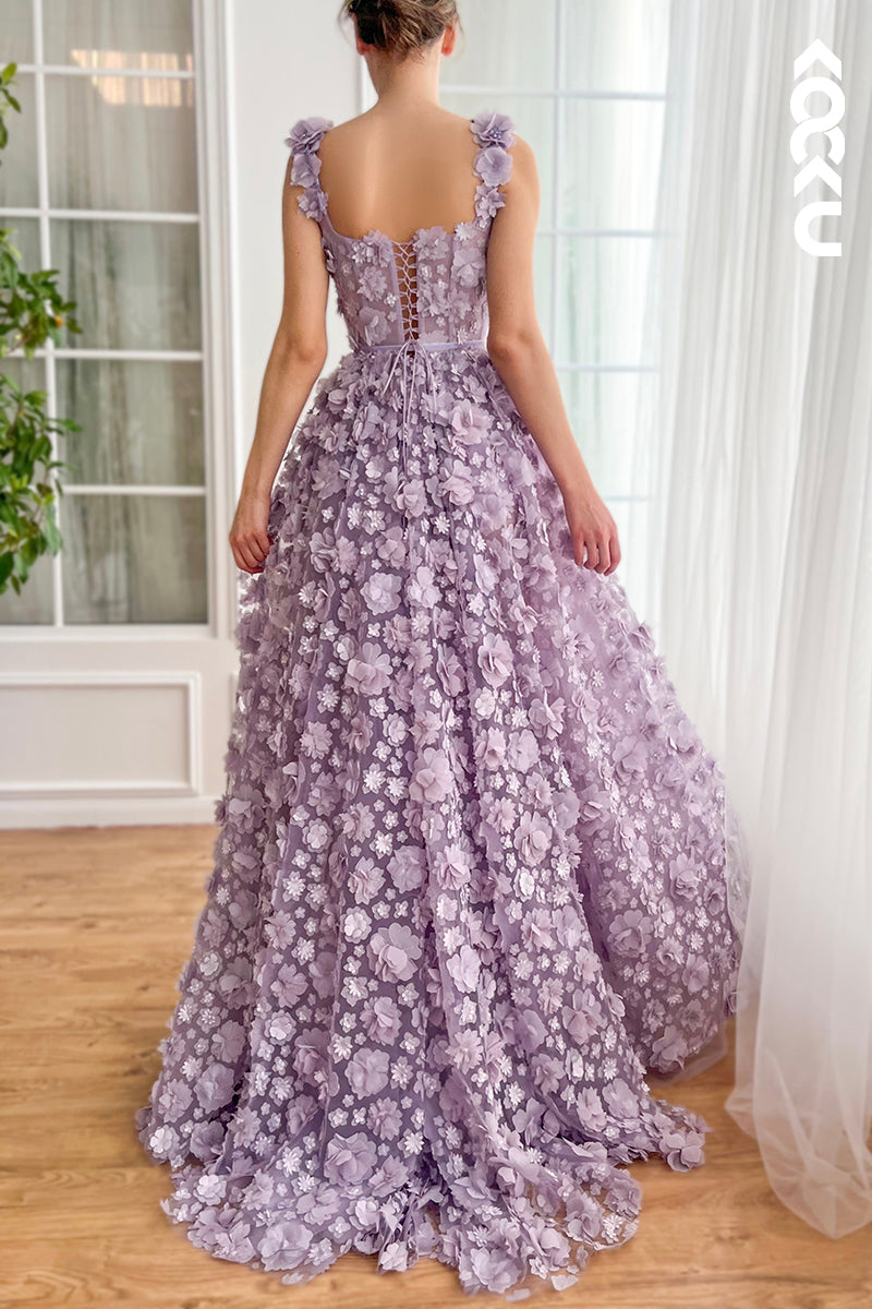 L2667 - Glamorous & Dramatic Straps Square A-line Formal Party Prom Dress With Flower