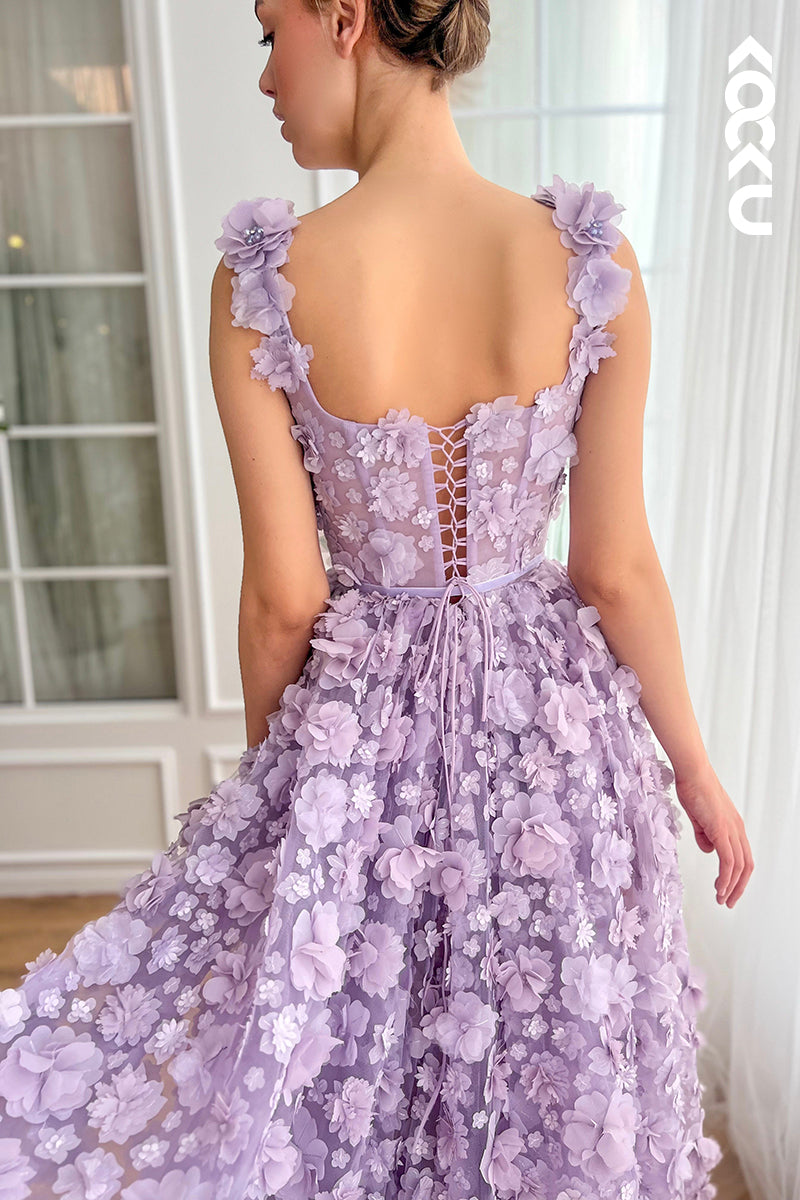 L2667 - Glamorous & Dramatic Straps Square A-line Formal Party Prom Dress With Flower