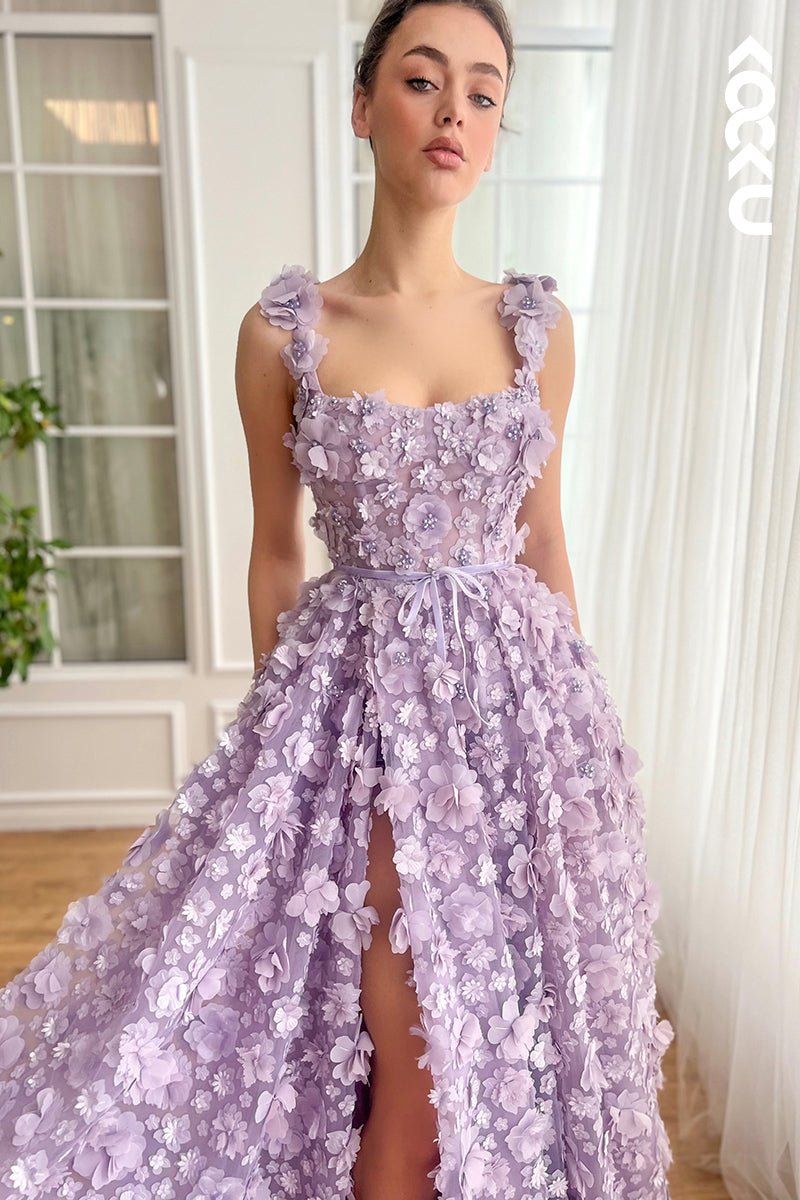 L2667 - Glamorous & Dramatic Straps Square A-line Formal Party Prom Dress With Flower