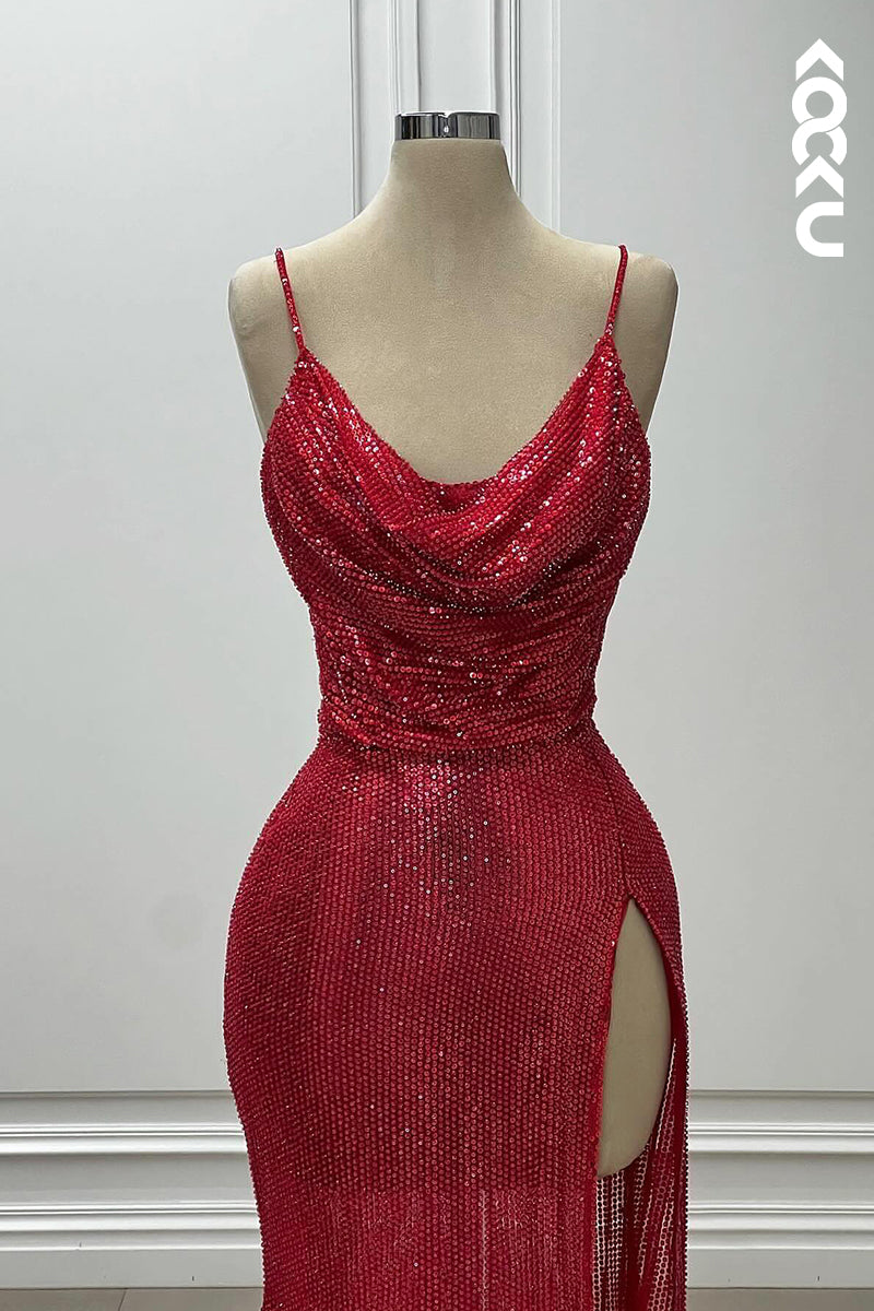 L2787 - Gorgeous & Charming Spaghetti Straps V-neck Slit Sequins Evening Party Prom Dress