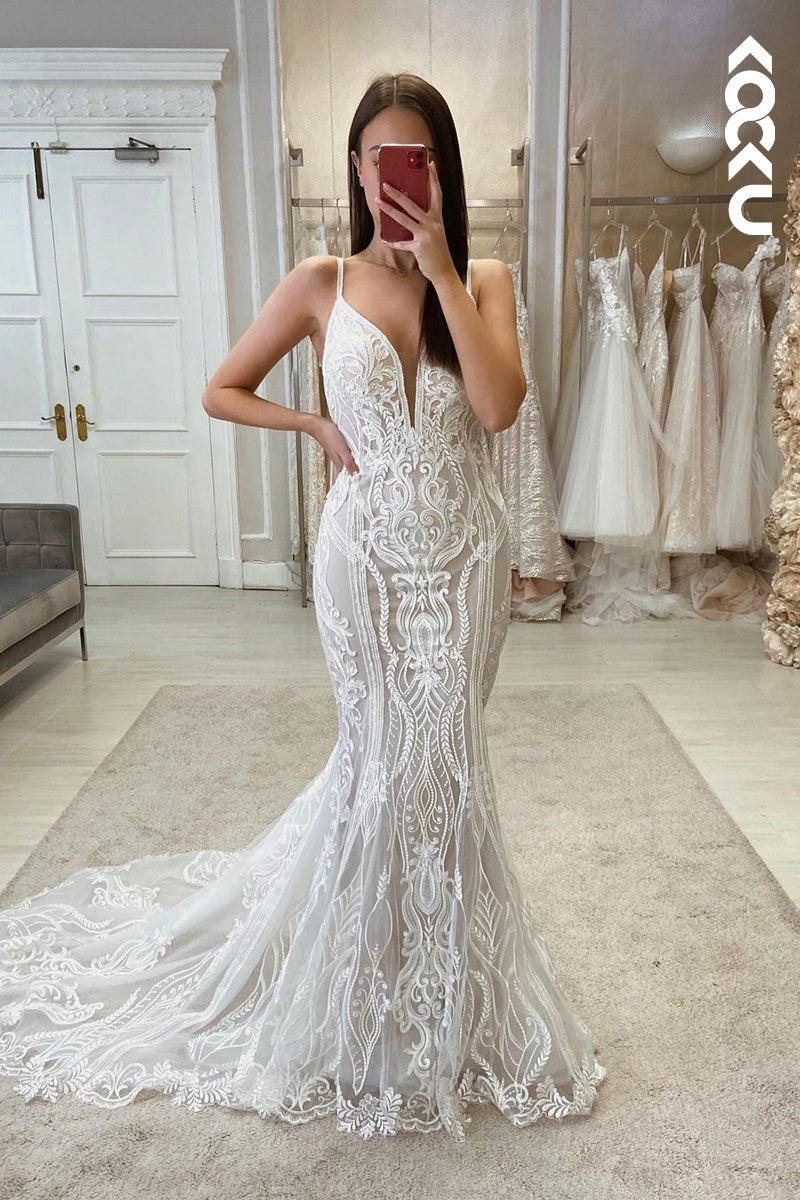 K1981 - Glamorous & Dramatic Spagehtti straps V-neck Mermaid Fully Applique Wedding Dress