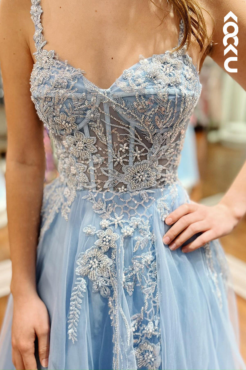 L2756 - Gorgeous & Charming Straps V-neck Side Slit A-Line Tulle Prom Dress With Applique