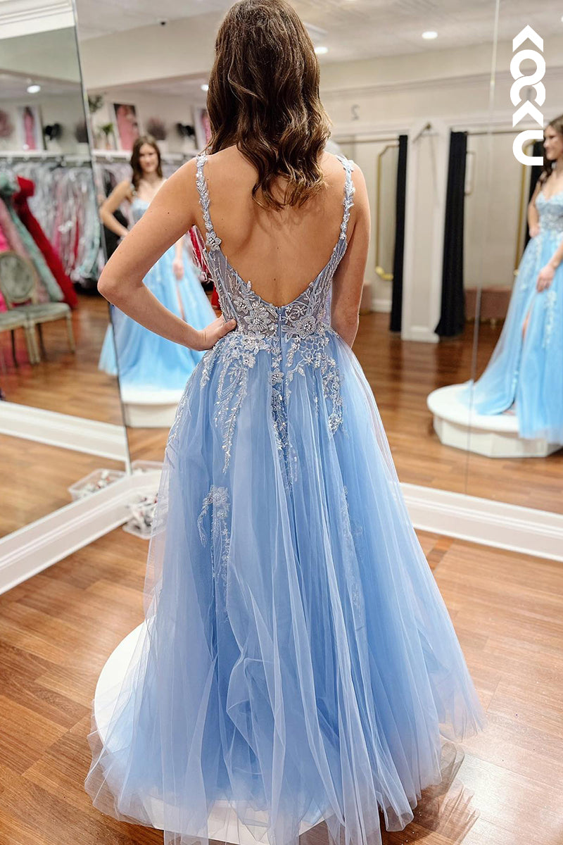 L2756 - Gorgeous & Charming Straps V-neck Side Slit A-Line Tulle Prom Dress With Applique